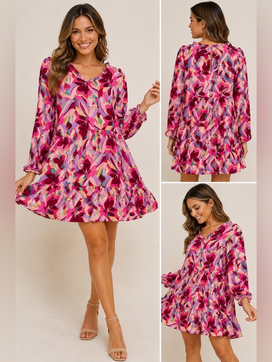 JODIFL Dresses & Skirts - JODIFL Pink Floral Babydoll Mini Dress Women’s L Boho Tiered Long Sleeve Dress